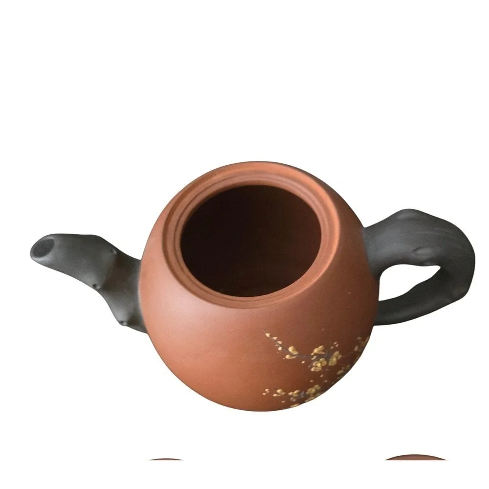 Yixing Zisha Clay Teapot Set Hand Painted Plum Blossom Branch 3pc Tea Set‎ Brown